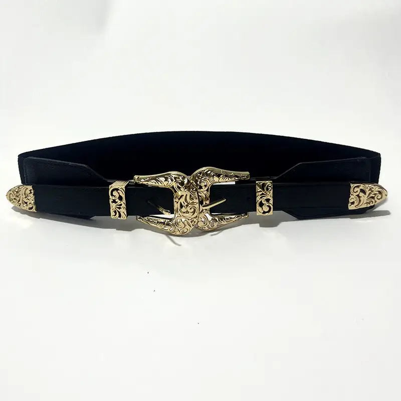 Vintage Hollow Double Buckle Belt Women's Red Elastic Waist Cover