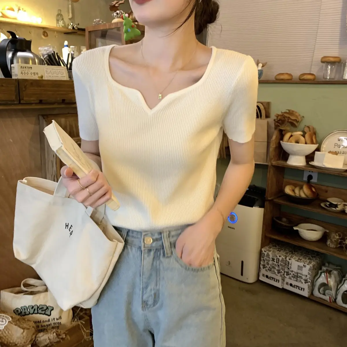 French Style Knit V-Neck T-Shirt Women