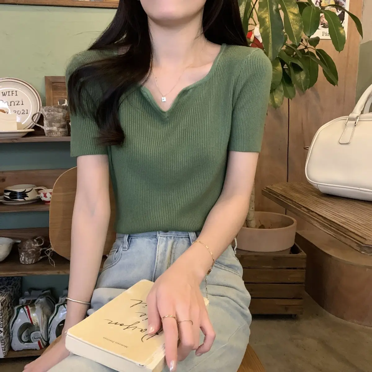 French Style Knit V-Neck T-Shirt Women