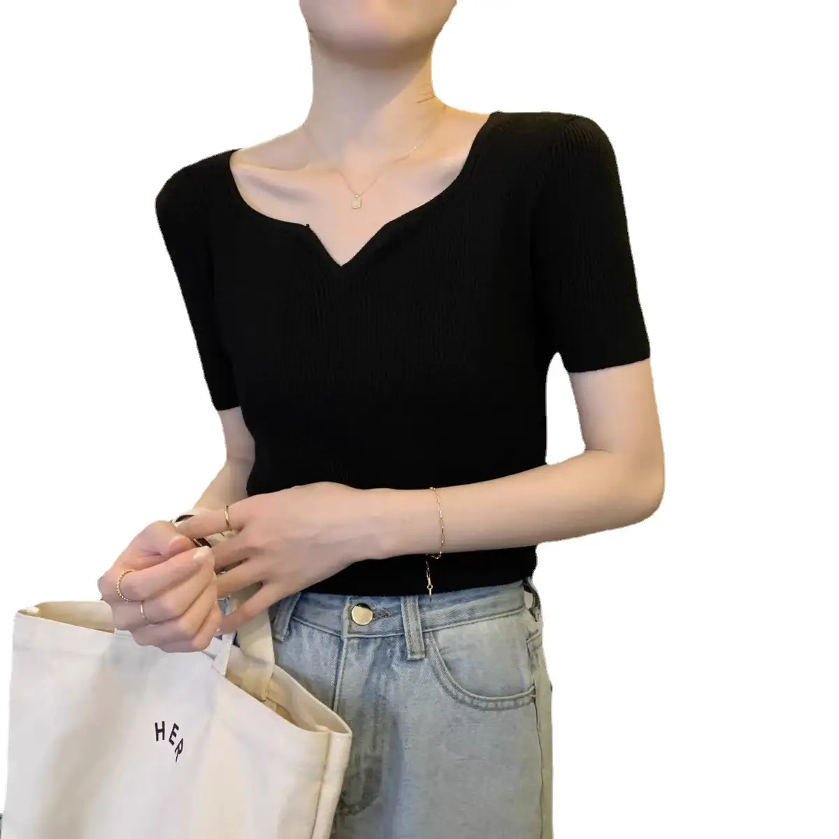 French Style Knit V-Neck T-Shirt Women