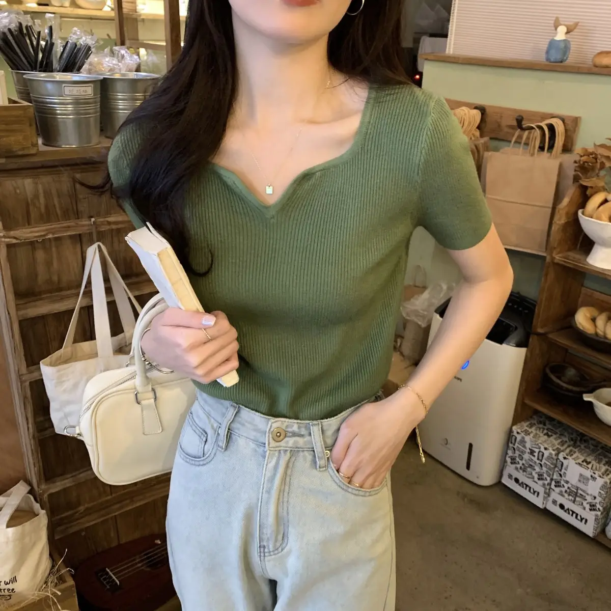 French Style Knit V-Neck T-Shirt Women — feature 14