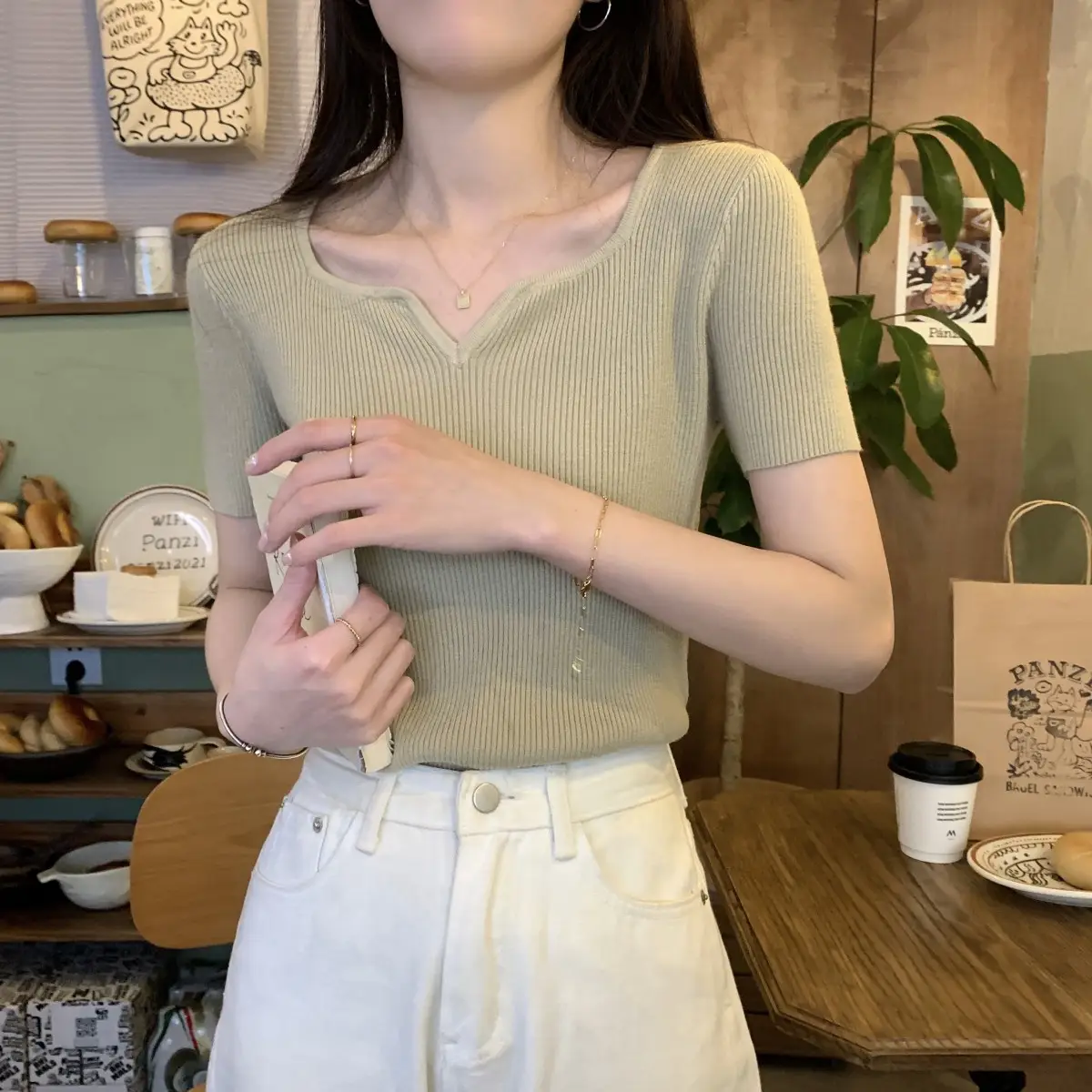 French Style Knit V-Neck T-Shirt Women — feature 17