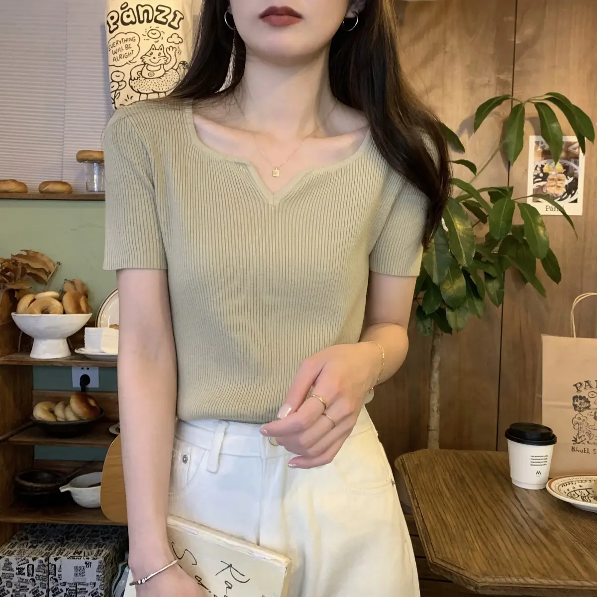 French Style Knit V-Neck T-Shirt Women — feature 18