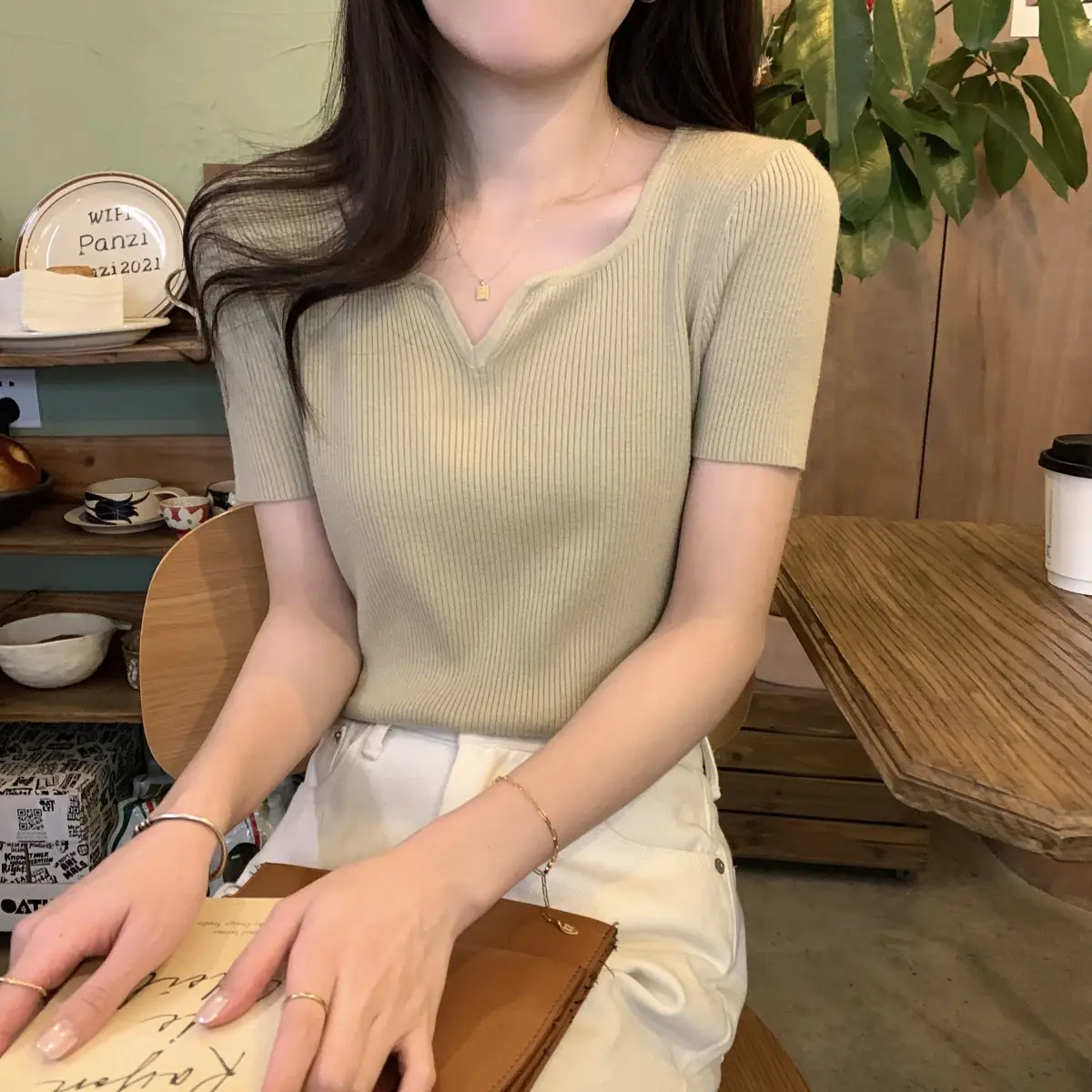 French Style Knit V-Neck T-Shirt Women — feature 21