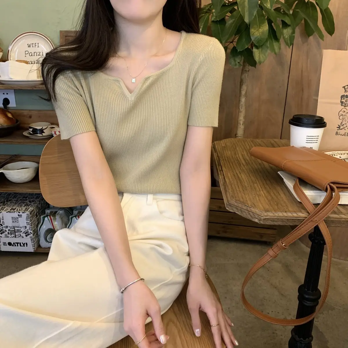 French Style Knit V-Neck T-Shirt Women — feature 24