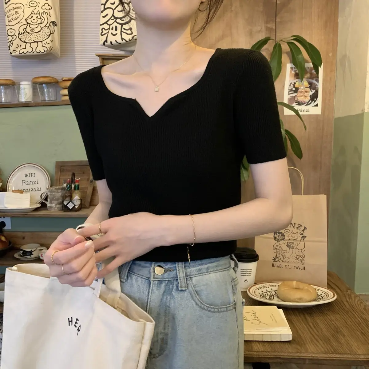 French Style Knit V-Neck T-Shirt Women — feature 26