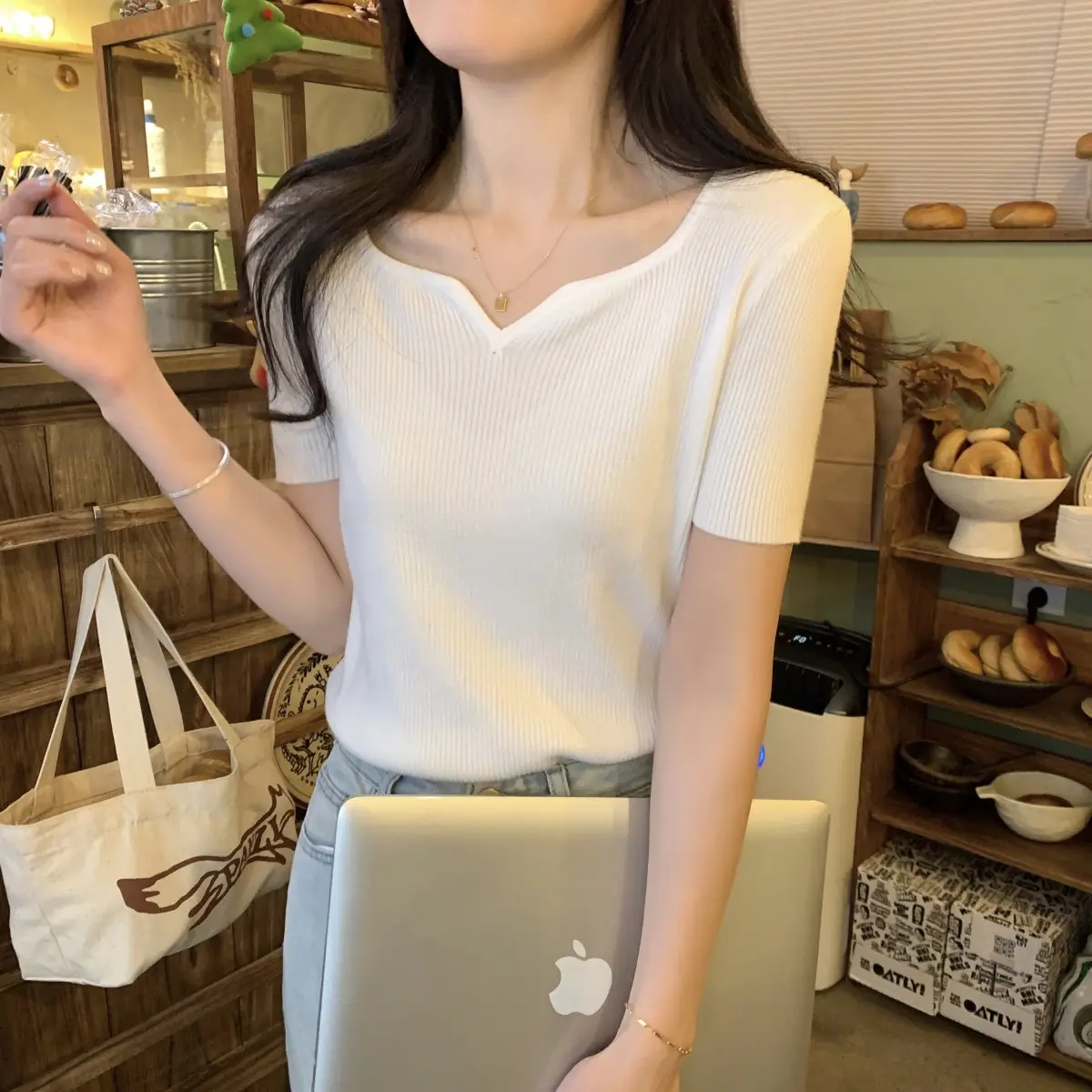 French Style Knit V-Neck T-Shirt Women — feature 27