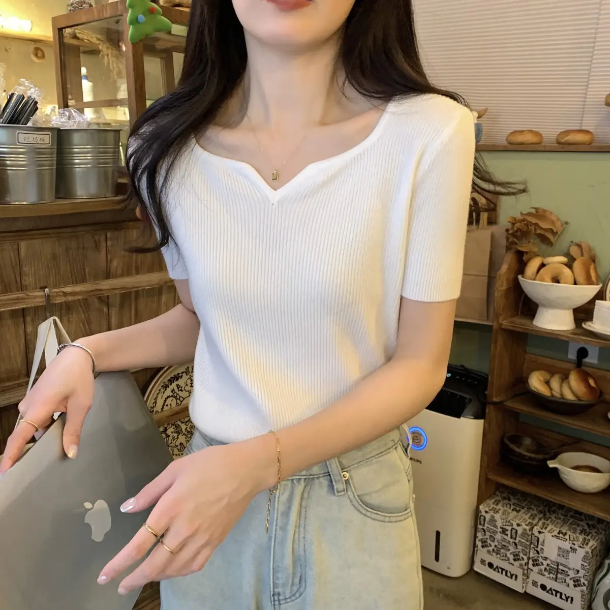 French Style Knit V-Neck T-Shirt Women — feature 28