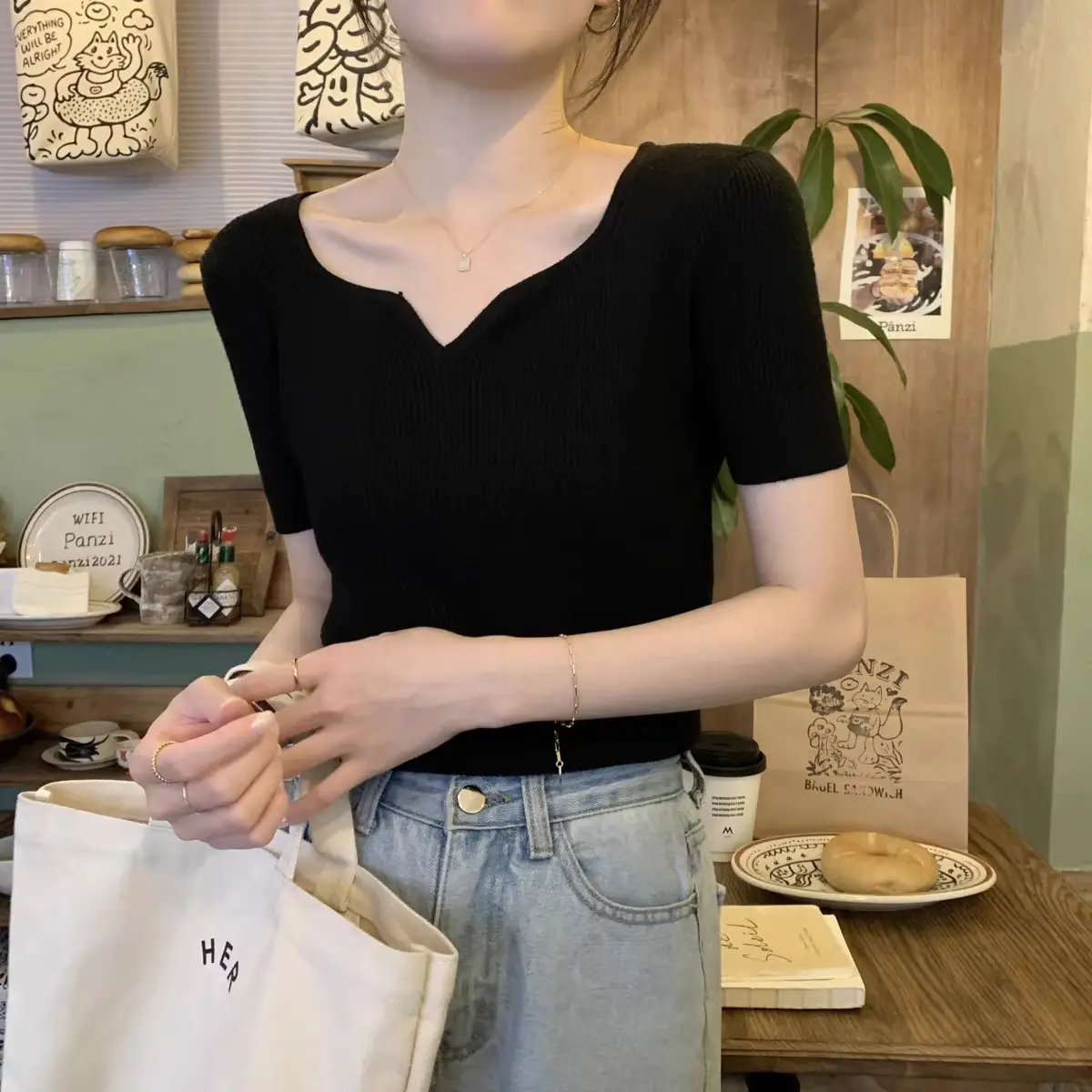 French Style Knit V-Neck T-Shirt Women