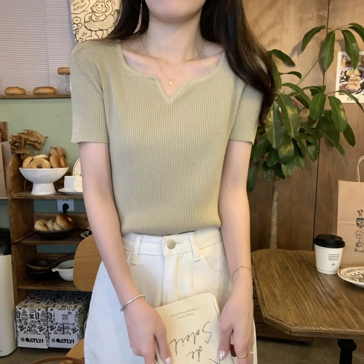 French Style Knit V-Neck T-Shirt Women