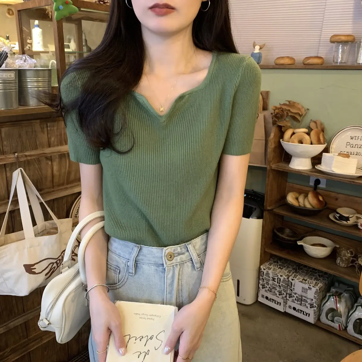 French Style Knit V-Neck T-Shirt Women