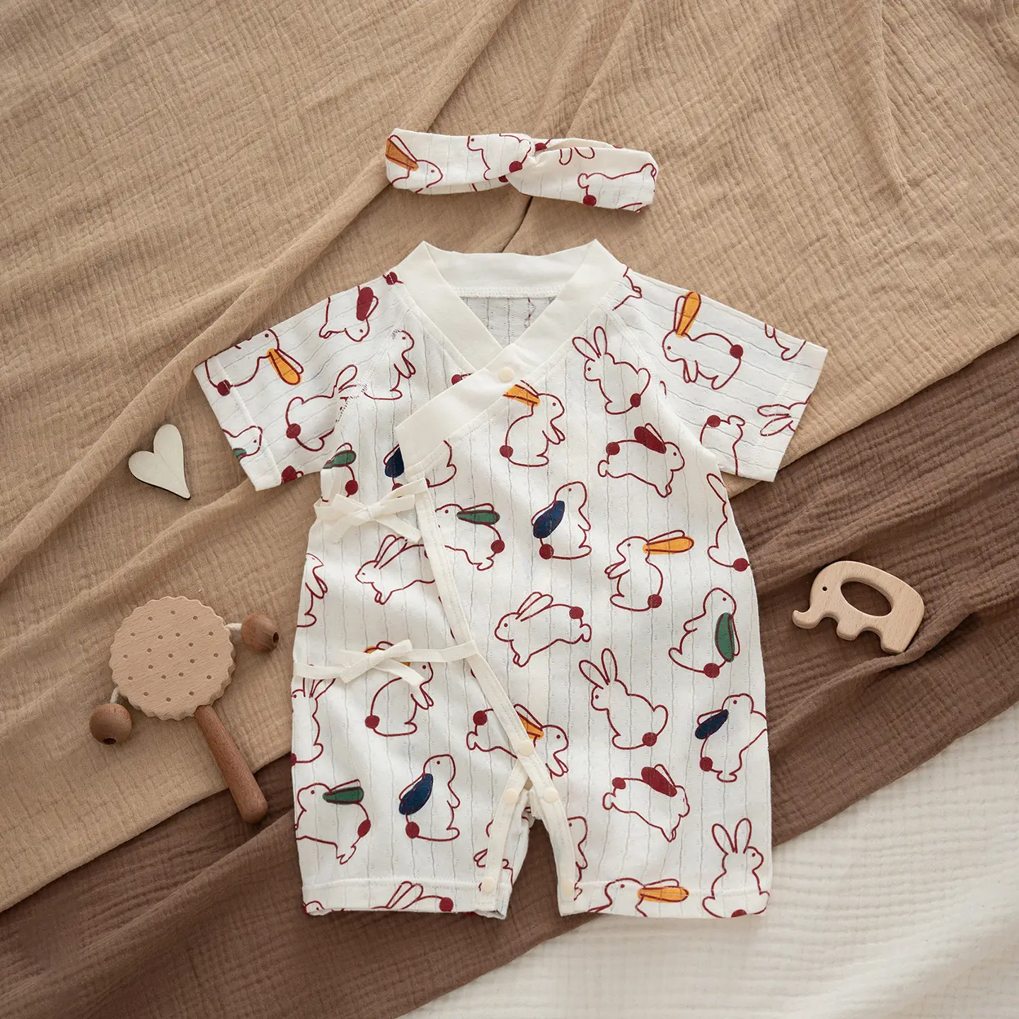 New Arrival Baby Kimono Set White Rabbit Print Cotton - Image 4