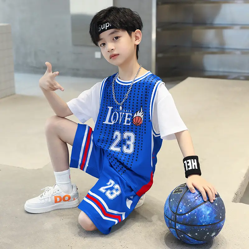 Boys Basketball Suit Blue White 2023 Quick Dry