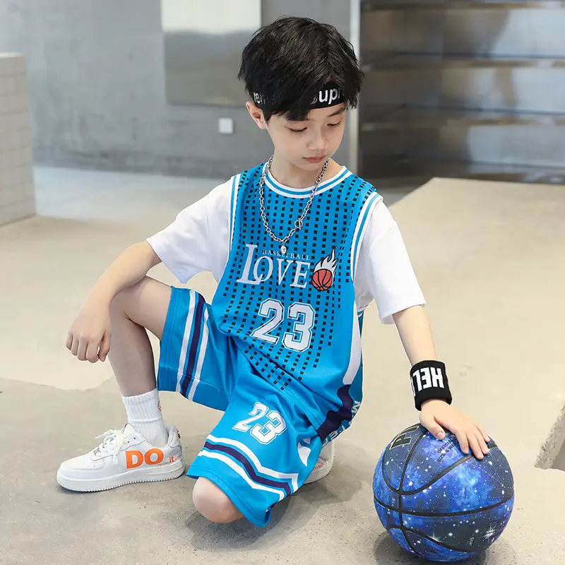 Boys Basketball Suit Blue White 2023 Quick Dry