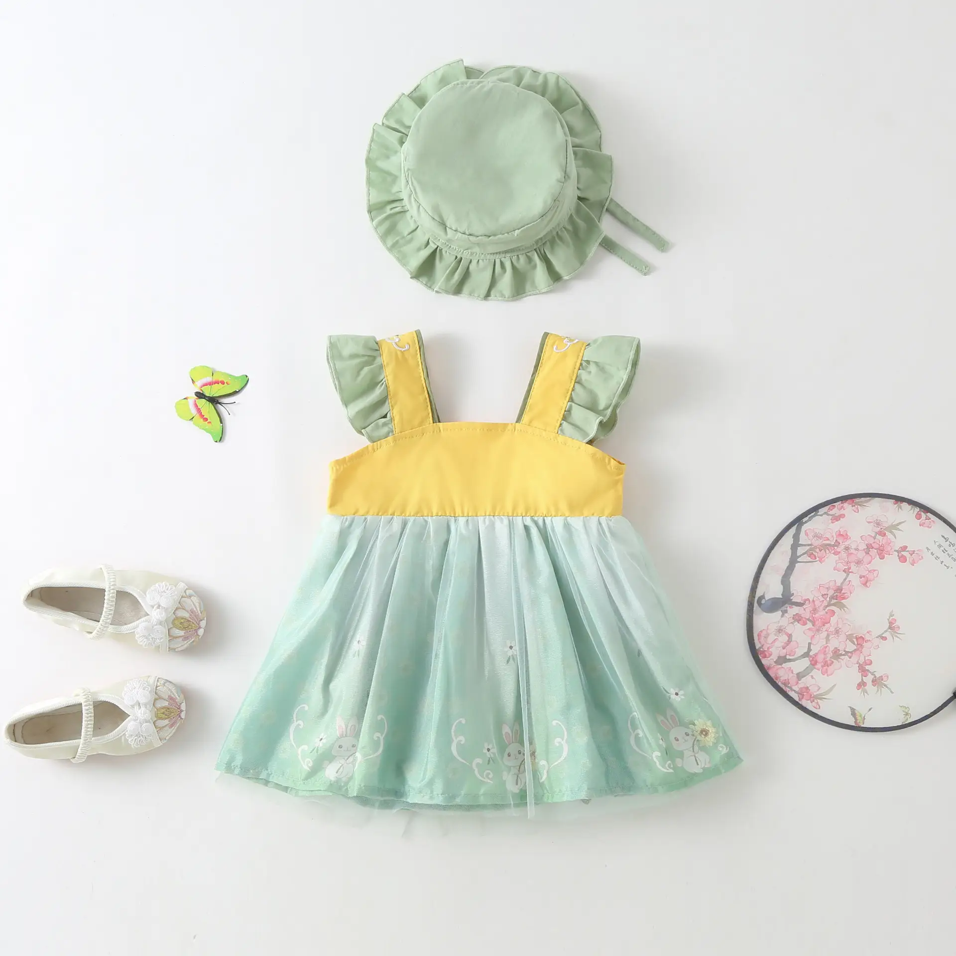 Chinese Style Baby Hanfu Dress Green Yellow Embroidered - Image 2