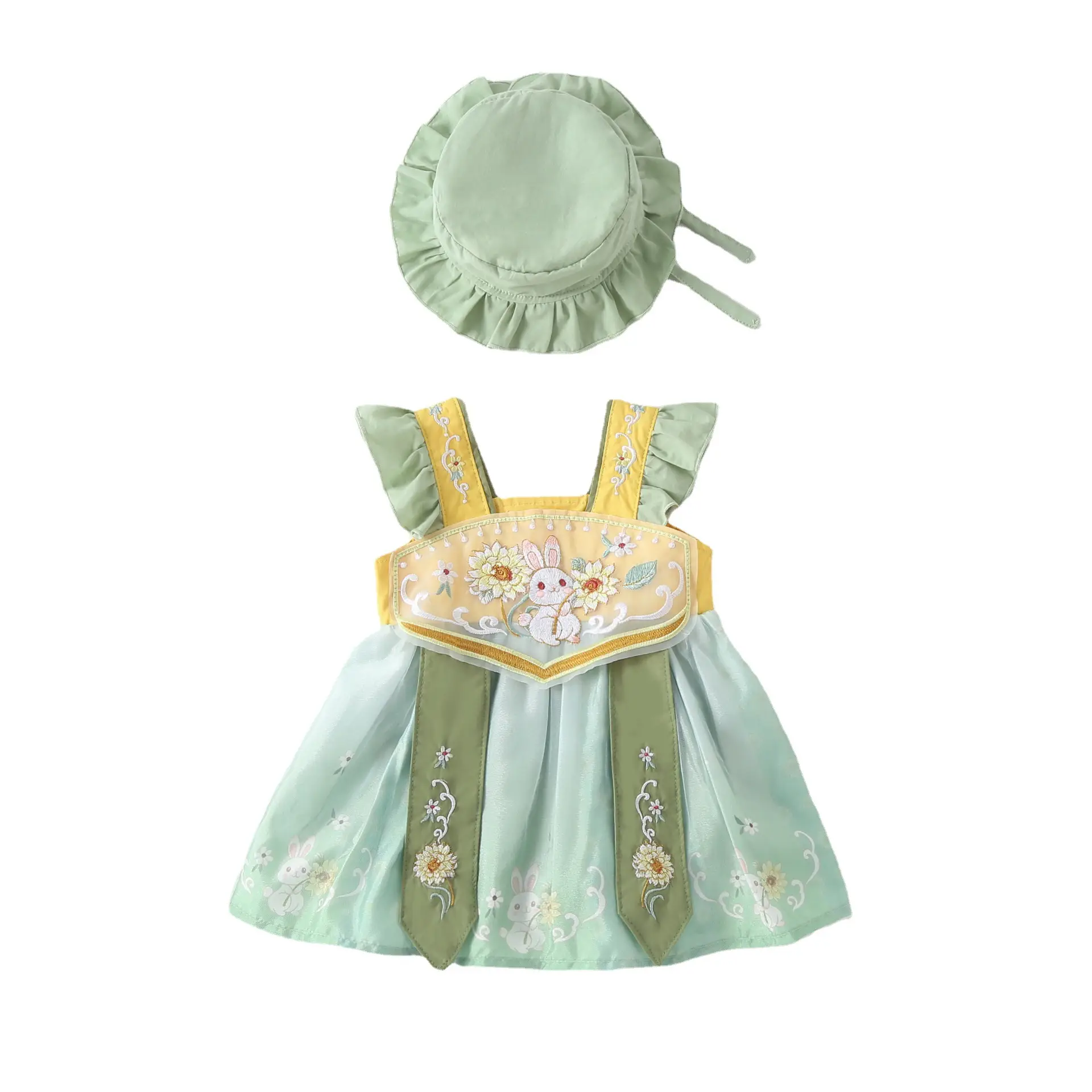 Chinese Style Baby Hanfu Dress Green Yellow Embroidered - Image 3