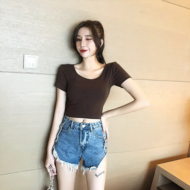 Women's 2023 Short Sleeve Black Crop Top with Double U Collar - Image 5