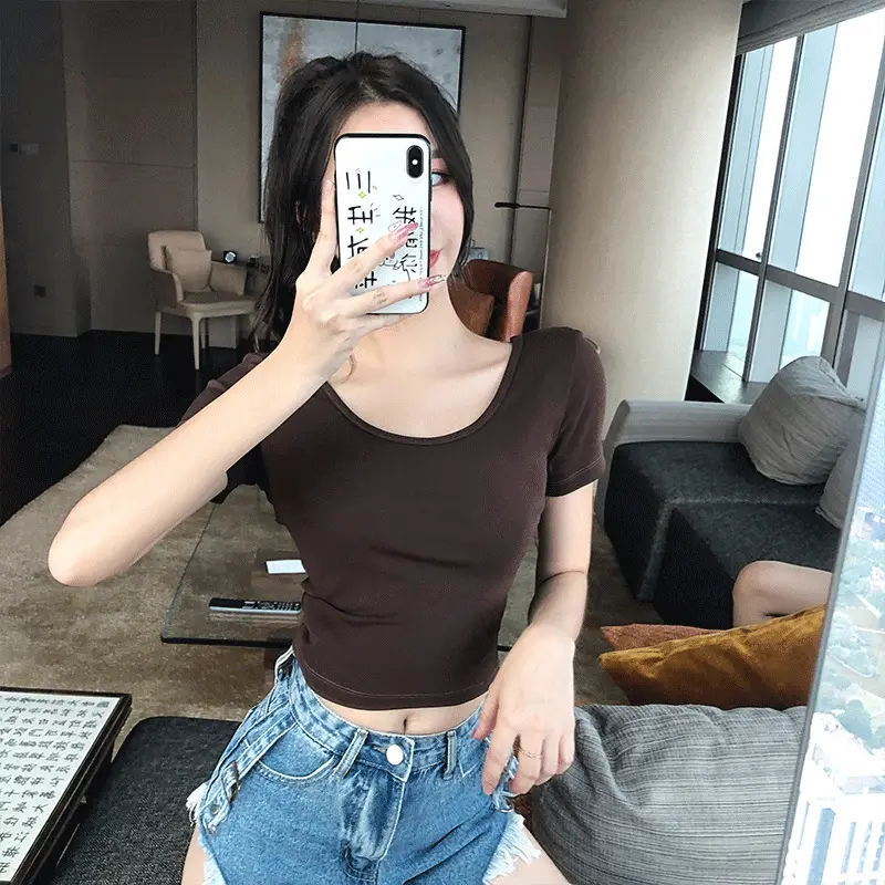 Women's 2023 Short Sleeve Black Crop Top with Double U Collar - Image 6