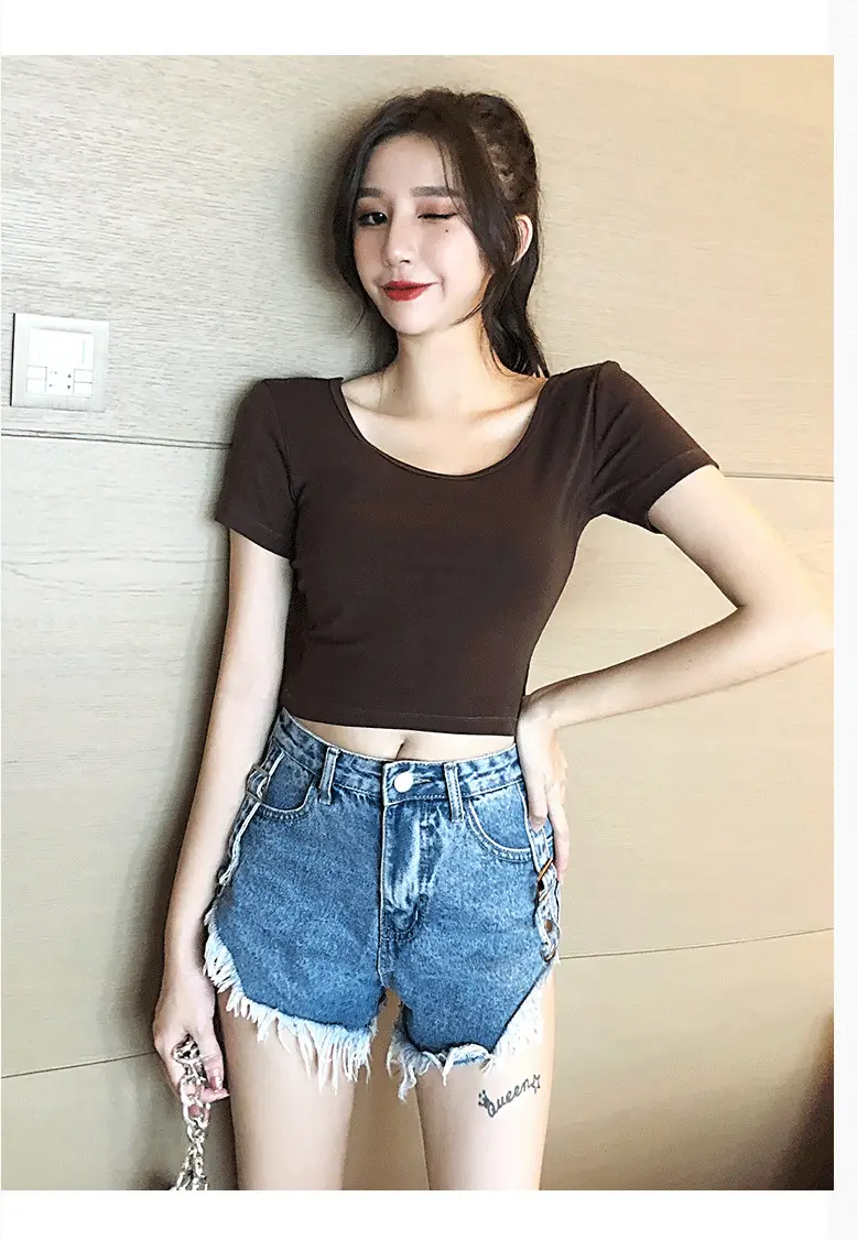 Women's 2023 Short Sleeve Black Crop Top with Double U Collar — feature 10