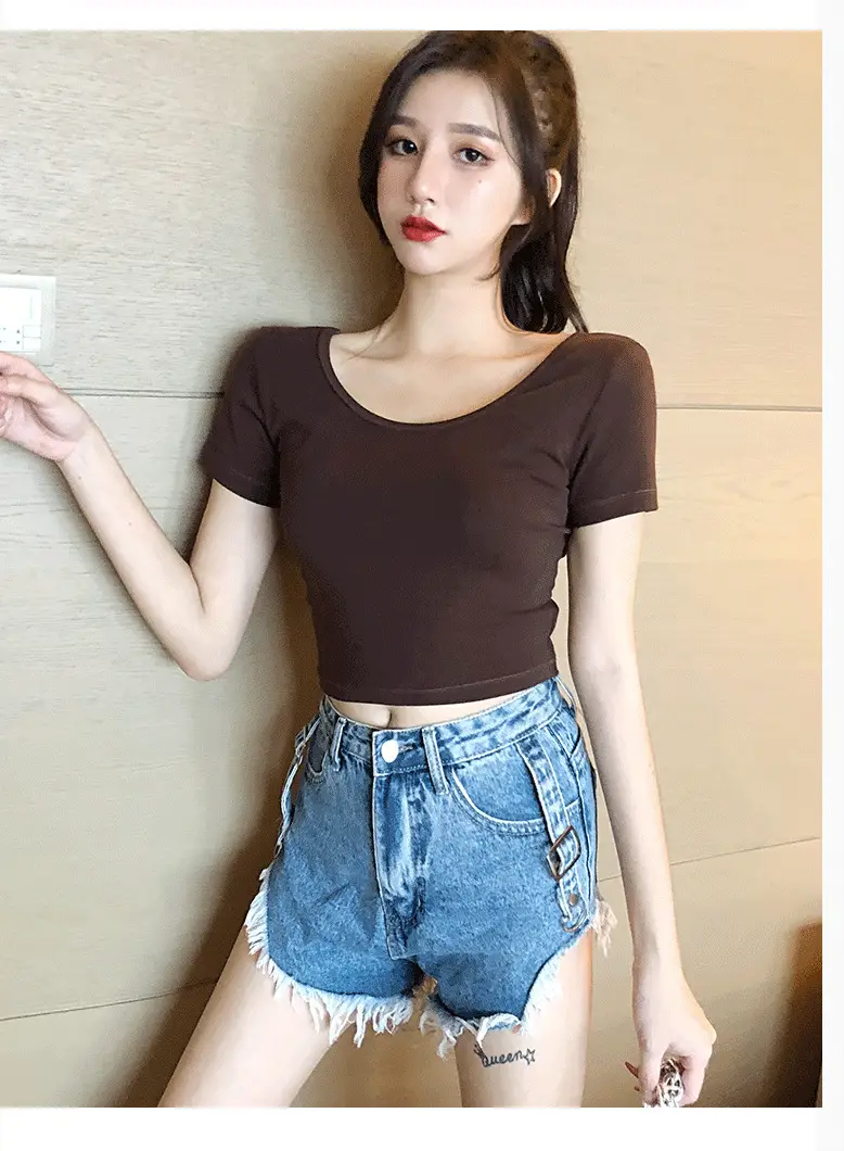 Women's 2023 Short Sleeve Black Crop Top with Double U Collar — feature 3