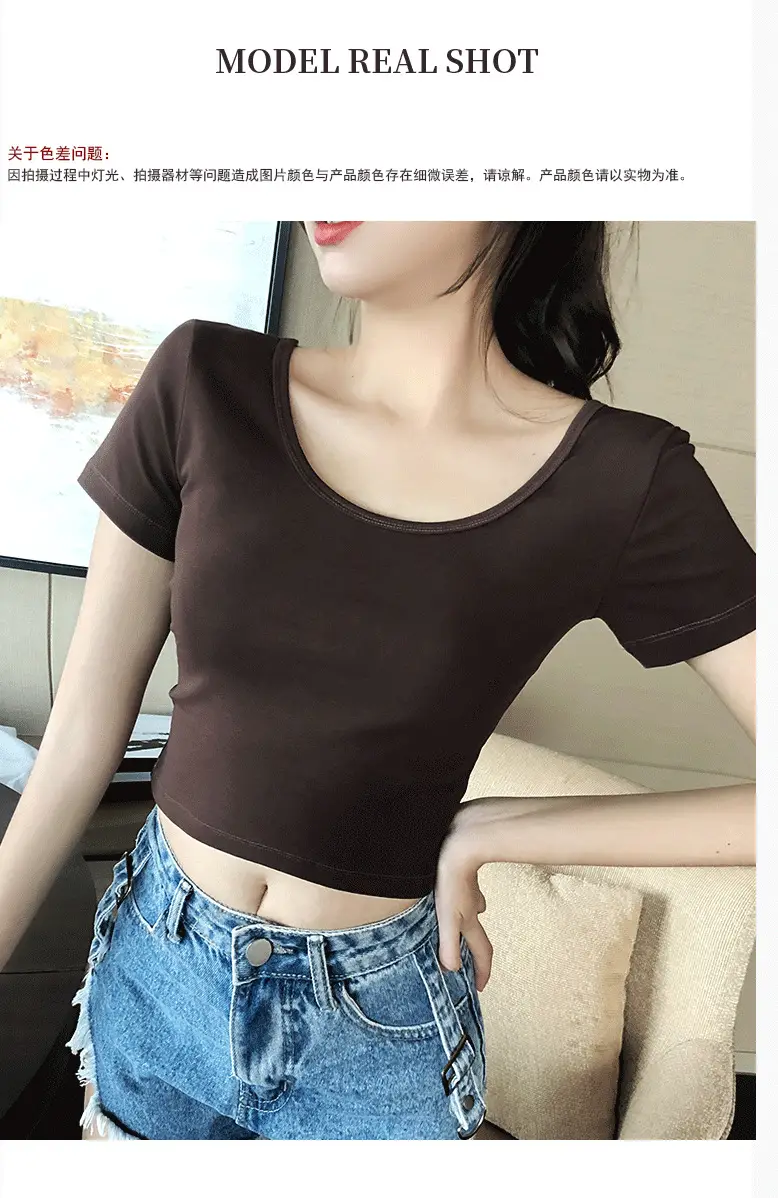 Women's 2023 Short Sleeve Black Crop Top with Double U Collar — feature 8