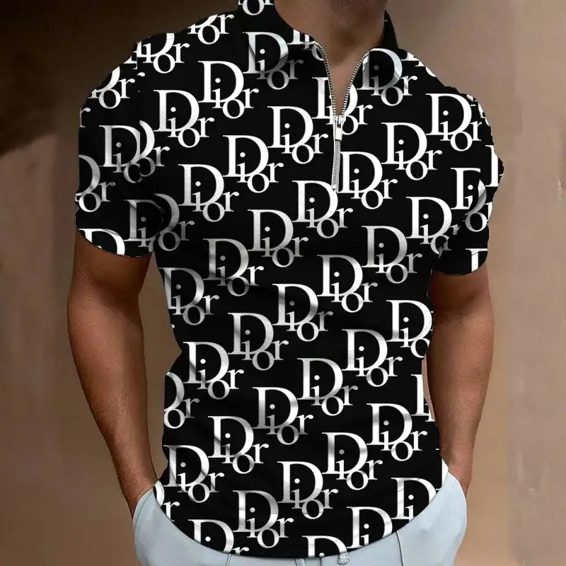 3D Printed Polo Shirt Brown White Zipper New Men