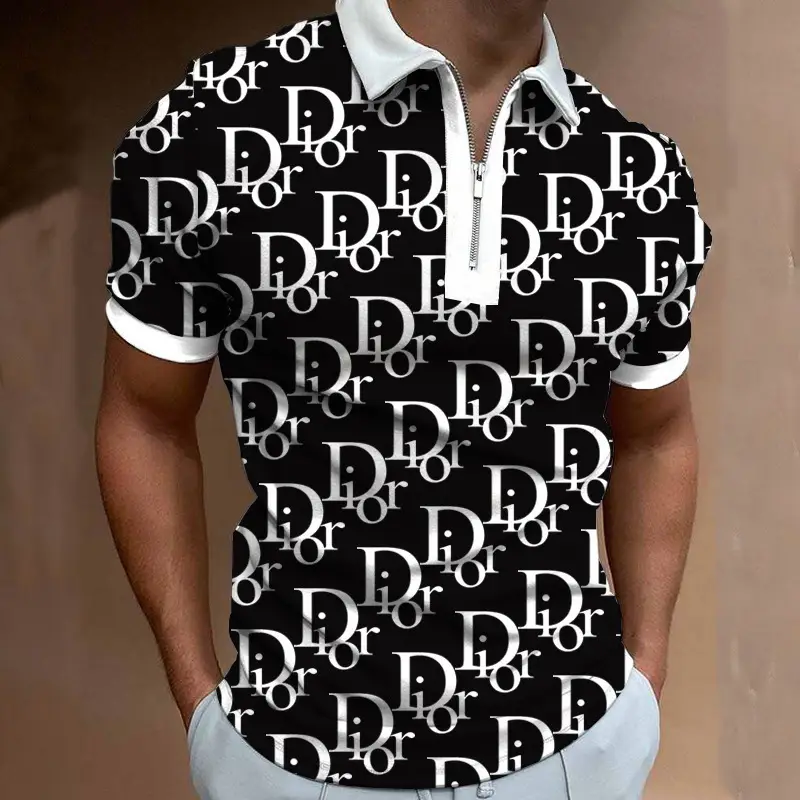 3D Printed Polo Shirt Brown White Zipper New Men