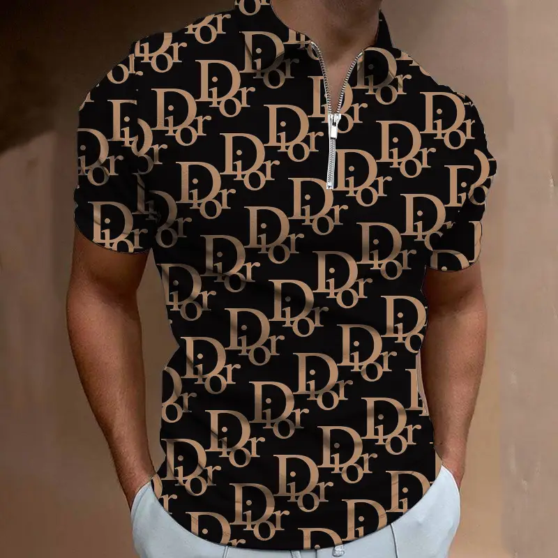 3D Printed Polo Shirt Brown White Zipper New Men