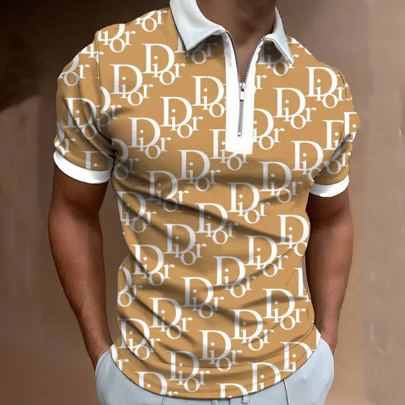 3D Printed Polo Shirt Brown White Zipper New Men