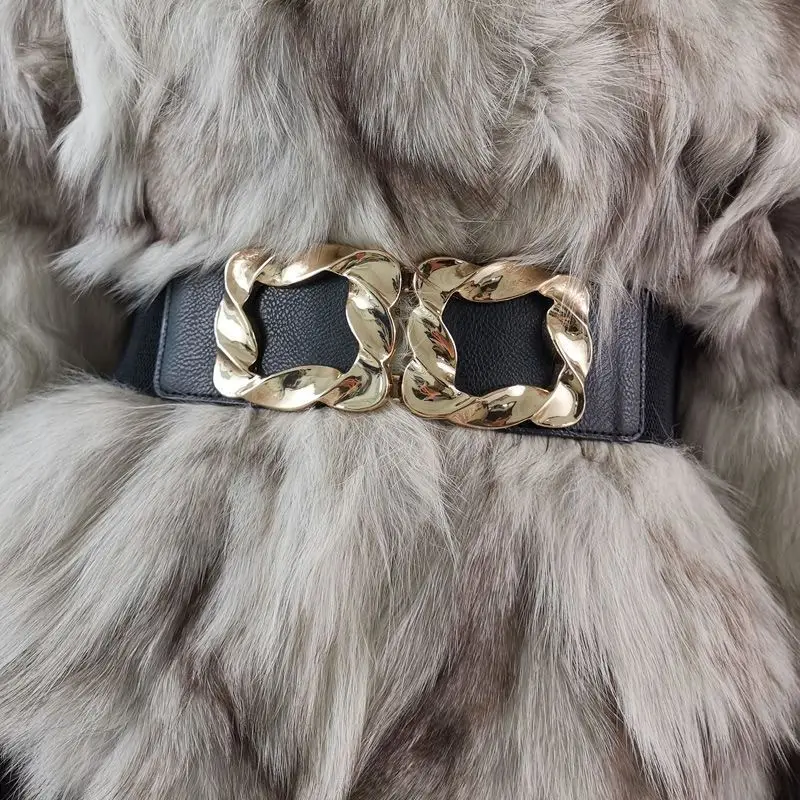 Gold Square Buckle Belt Women's Wide Decorative Jacket with Skirt Sweater Belt Elastic Simple Versatile Girdle Accessories Black
