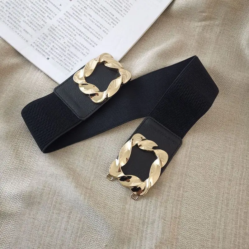 Gold Square Buckle Belt Women's Wide Decorative Jacket with Skirt Sweater Belt Elastic Simple Versatile Girdle Accessories Black