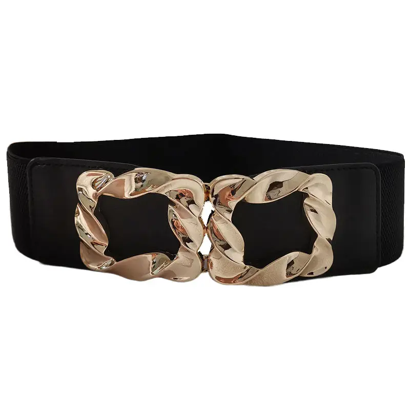 Gold Square Buckle Belt Women's Wide Decorative Jacket with Skirt Sweater Belt Elastic Simple Versatile Girdle Accessories Black