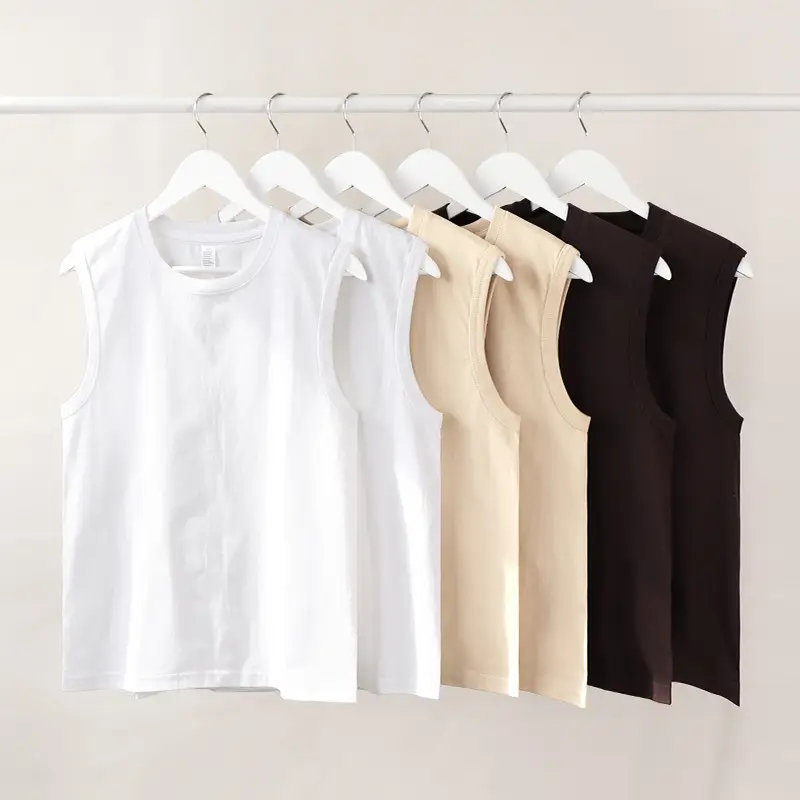 Men Cotton T-Shirt Apricot Beige Women Vest Wide Shoulder Small Crewneck - Image 8