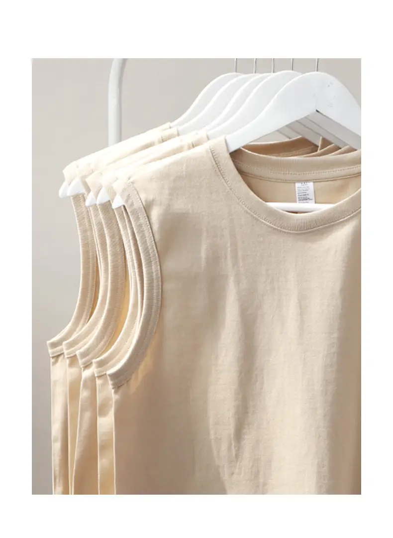 Men Cotton T-Shirt Apricot Beige Women Vest Wide Shoulder Small Crewneck — feature 8
