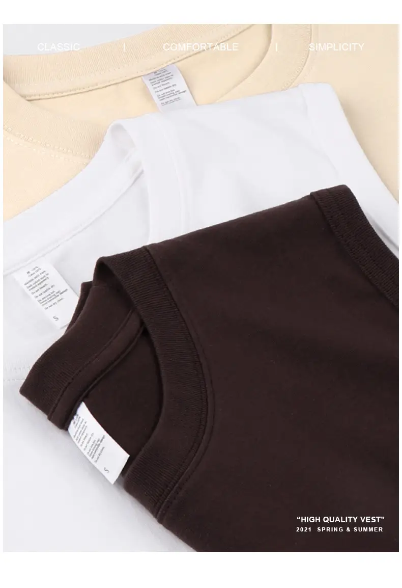 Men Cotton T-Shirt Apricot Beige Women Vest Wide Shoulder Small Crewneck — feature 9