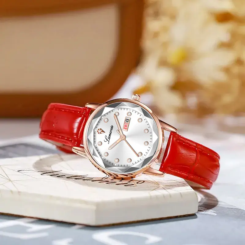 Women's Red Leather Watch with Quartz Movement — feature 6