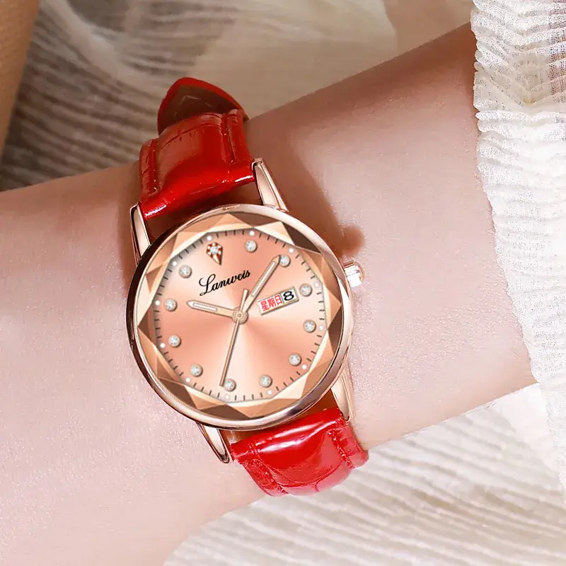 Women's Red Leather Watch with Quartz Movement — feature 9