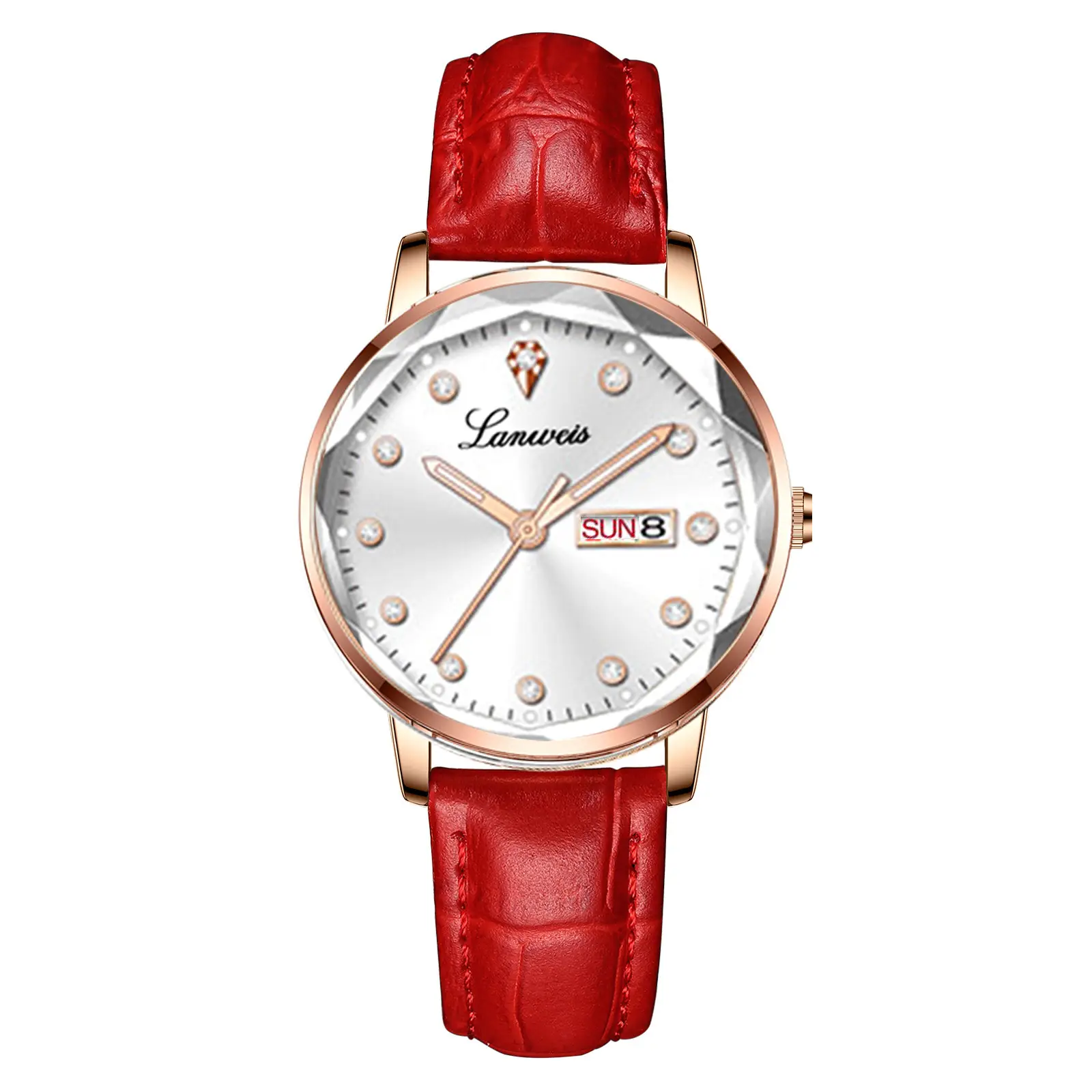 Women's Red Leather Watch with Quartz Movement - Image 4