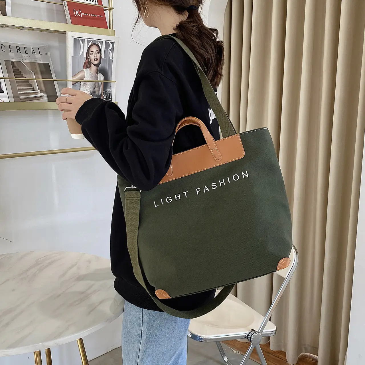 New Korean Style Canvas Shoulder Bag Large Capacity Green - Image 7