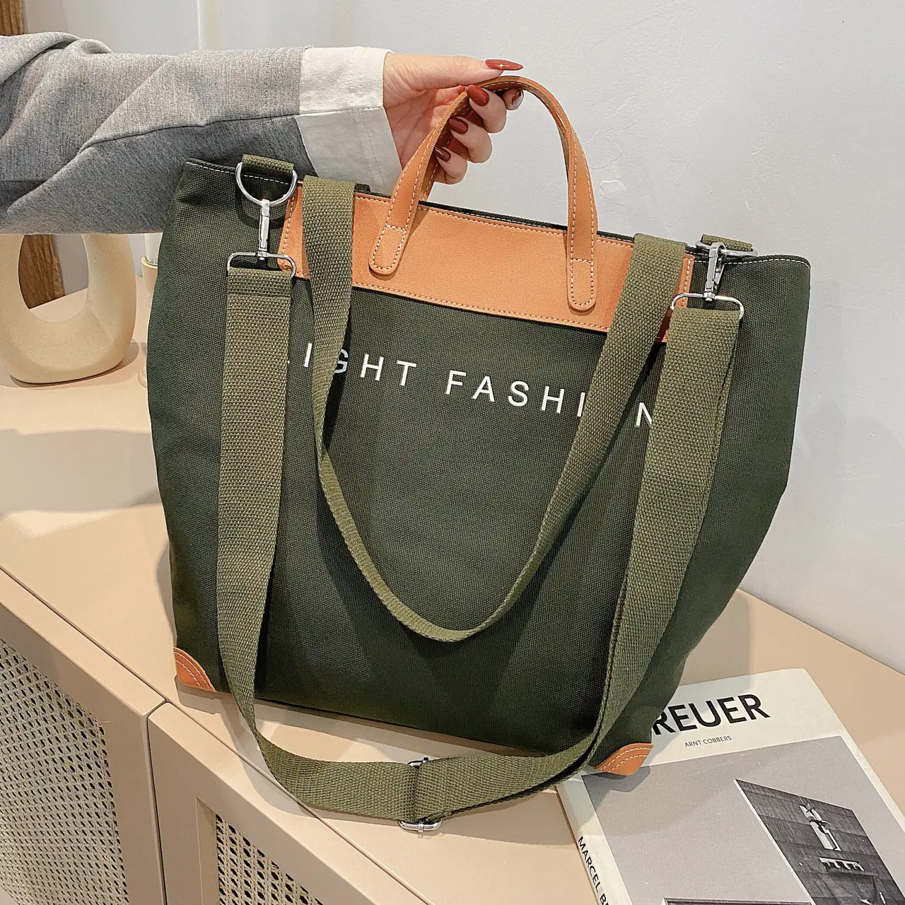 New Korean Style Canvas Shoulder Bag Large Capacity Green - Image 3