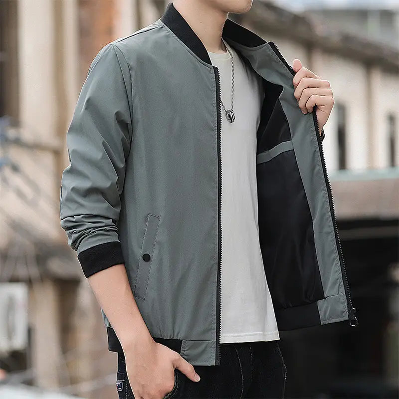 Men's 2023 Thin Grey Bomber Jacket Korean Style - Image 5