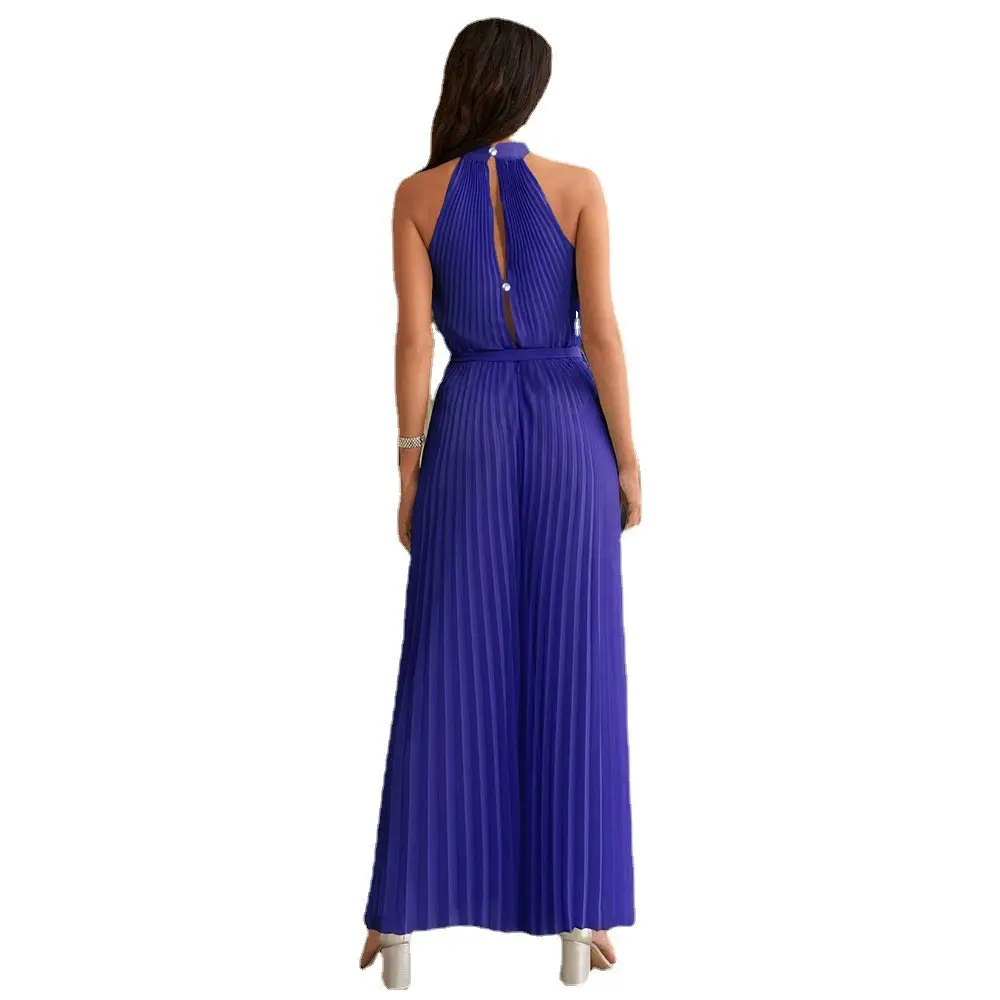 Pink Lace-Up Halterneck Pleated Jumpsuit with Wide-Leg Pants - Image 8