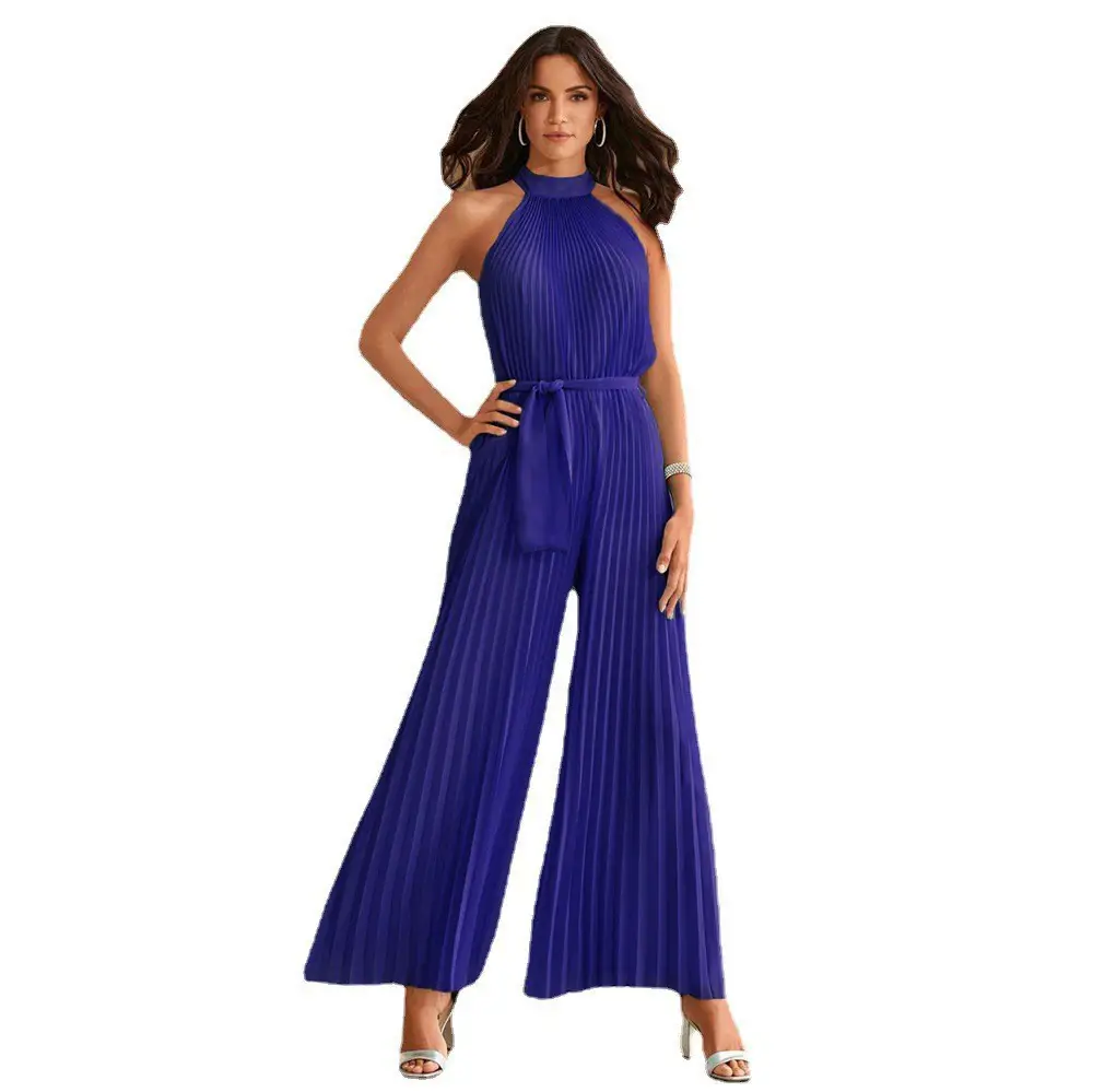 Pink Lace-Up Halterneck Pleated Jumpsuit with Wide-Leg Pants - Image 2