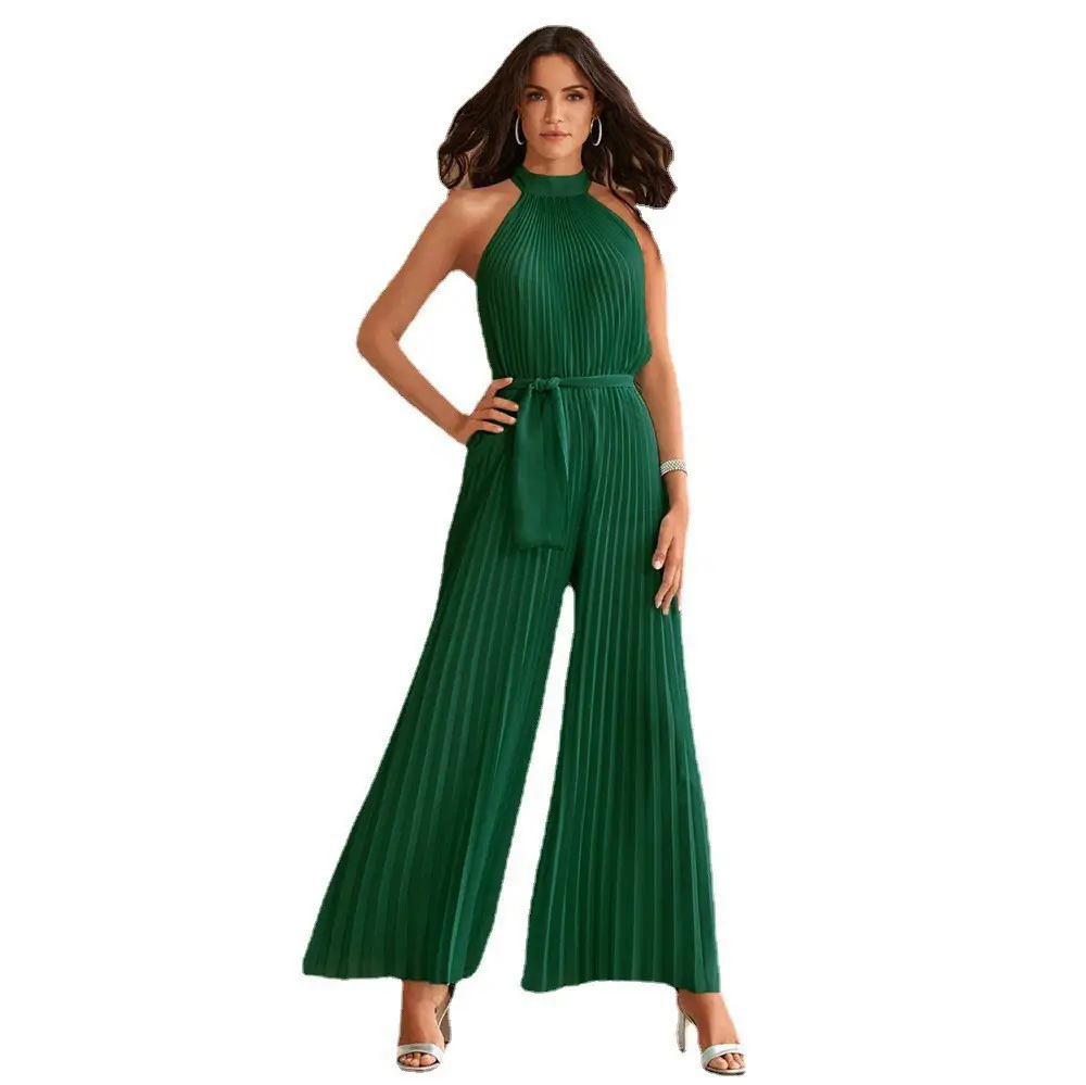 Pink Lace-Up Halterneck Pleated Jumpsuit with Wide-Leg Pants - Image 3