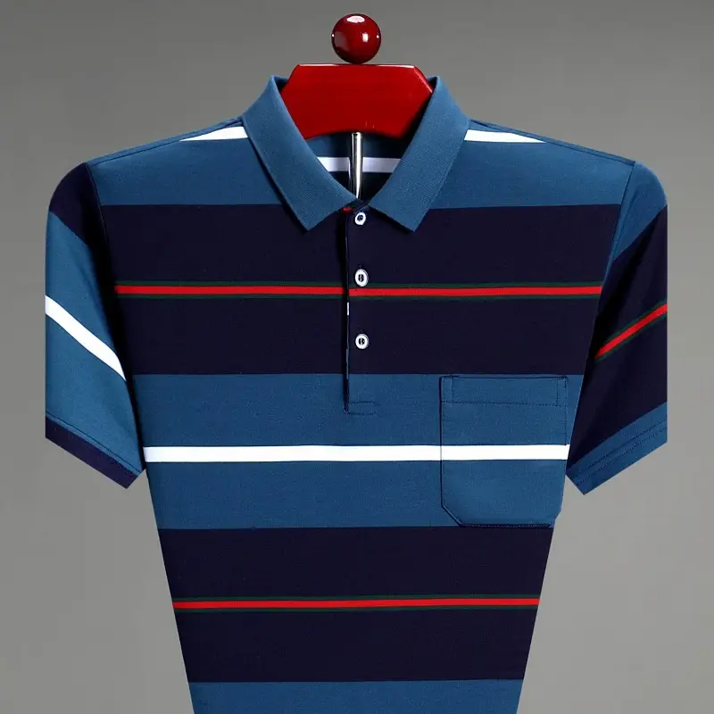 Men Pink Striped Polo Shirt Pearl Cotton Summer Wear