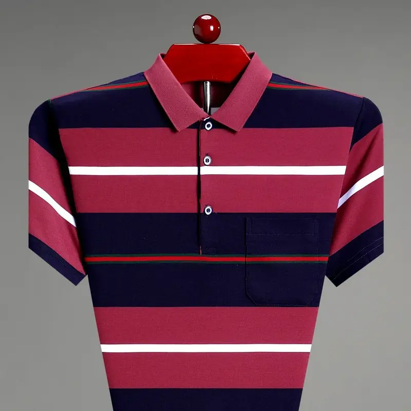 Men Pink Striped Polo Shirt Pearl Cotton Summer Wear