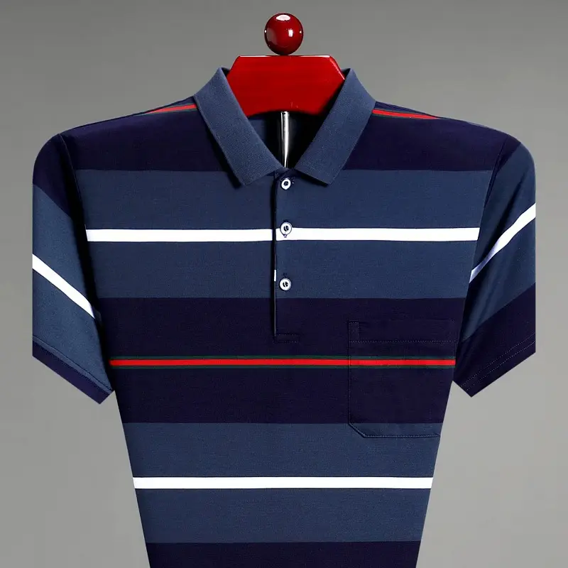 Men Pink Striped Polo Shirt Pearl Cotton Summer Wear