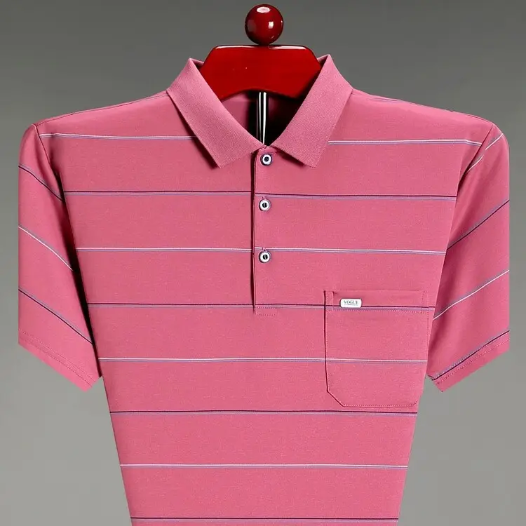 Men Pink Striped Polo Shirt Pearl Cotton Summer Wear