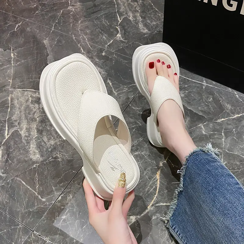 Women's White Blue Thick Strap Flip Flops Summer
