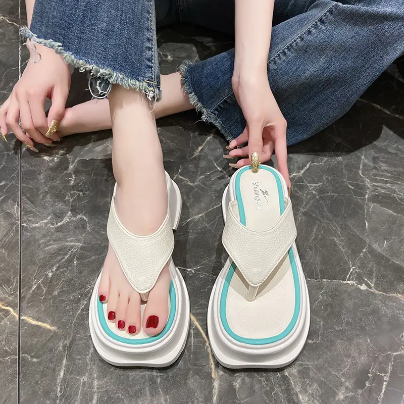 Women's White Blue Thick Strap Flip Flops Summer - Image 3